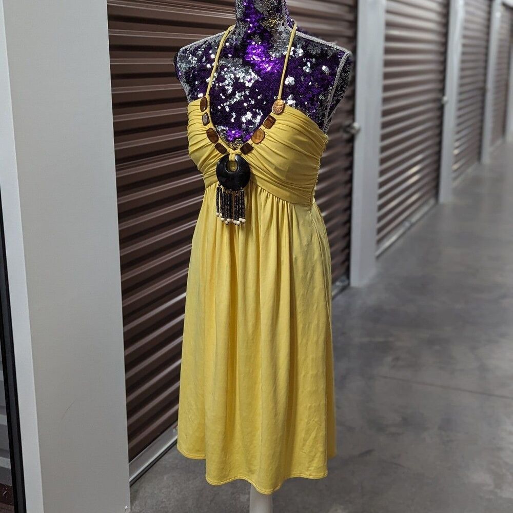 Boho Goddess Sundress Donna Morgan Yellow Halter Mini Dress Festival Size 4